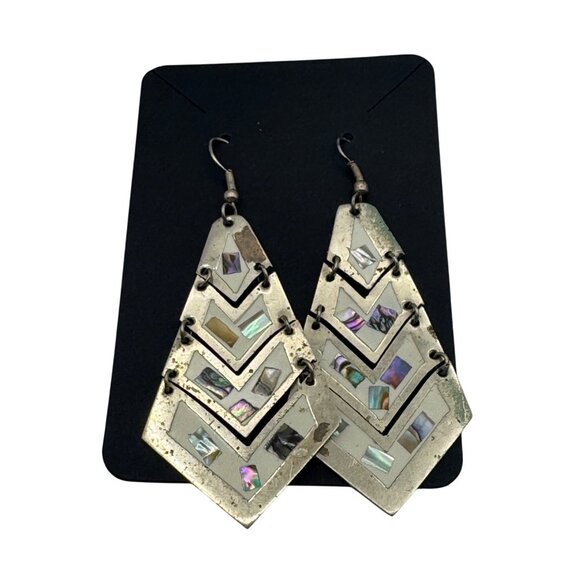 Vintage Chevron Mother Of Pearl & Abalone Dangle Earrings - Picture 1 of 3